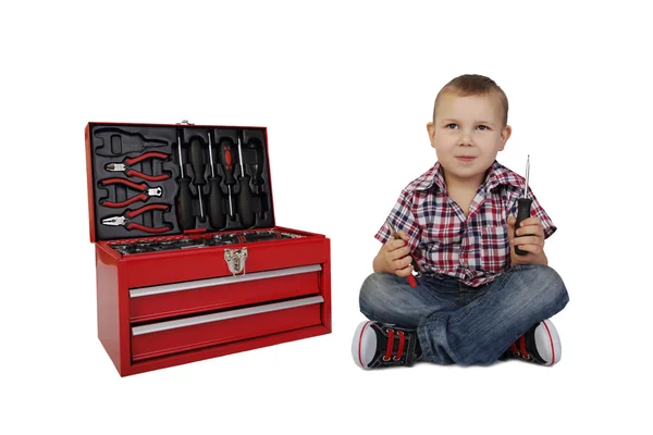 Little boy with tool box — Stock Photo, Image