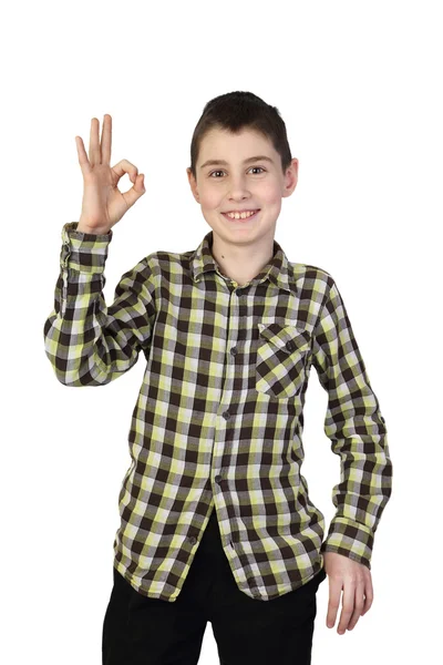 Boy shows ok isolated — Stock Photo, Image