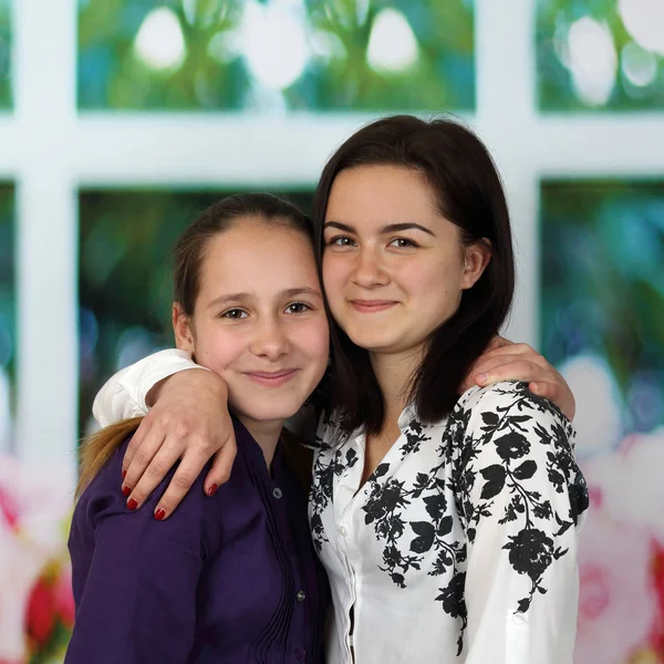 Twee zussen knuffel — Stockfoto