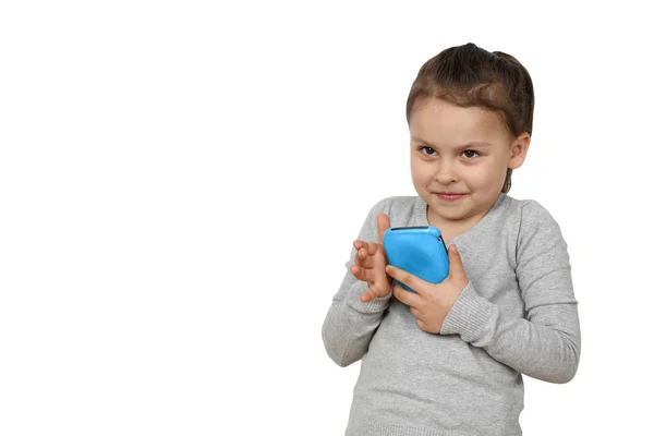 Little girl with smartphone isolated on white background — Stock Photo, Image