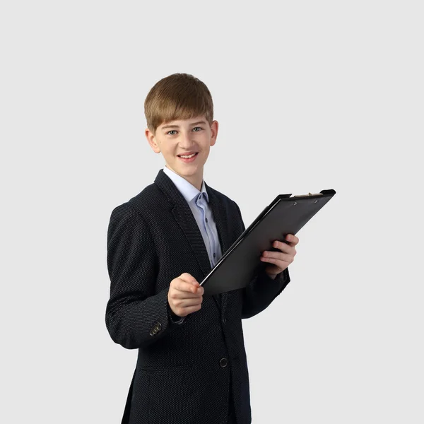 Young manager on gray — Stock Photo, Image