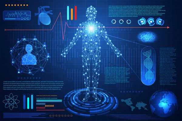 Dijital veri grafiği, iletişim, bilgisayar, insan vücudu dijital sağlık teknoloji UI fütüristik konsept hud arabirimi hologram öğeleri soyut; Sağlık gelecekteki tasarım üzerinde teknik arka plan Merhaba.
