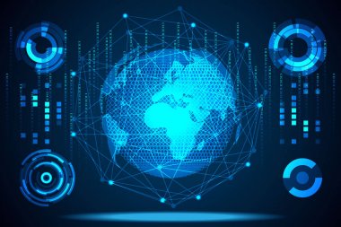 teknoloji kavramı küresel ağ bağlantısı fütüristik sanal hologram iletişim sistemi dünya ve dijital iş bağlantı Merhaba teknik arka plan bağlantı. Vektör çizim