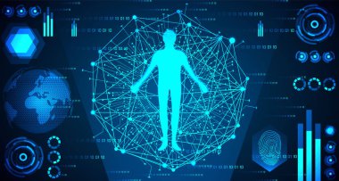 soyut teknoloji dijital bağlantı kavramı insan vücudunda; hud arayüzü ve tarama vücut kimliğini ikili üzerinde Merhaba teknik arka plan doğrulamak için