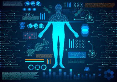 Dijital veri grafiği, iletişim, bilgisayar, insan vücudu dijital sağlık teknoloji UI fütüristik konsept hud arabirimi hologram öğeleri soyut; Sağlık gelecekteki tasarım üzerinde teknik arka plan Merhaba.