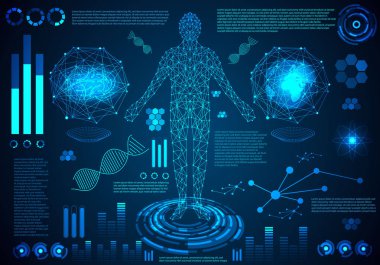 Dijital veri grafiği, iletişim, bilgisayar, insan vücudu dijital sağlık teknoloji UI fütüristik konsept hud arabirimi hologram öğeleri soyut; Sağlık gelecekteki tasarım üzerinde teknik arka plan Merhaba.