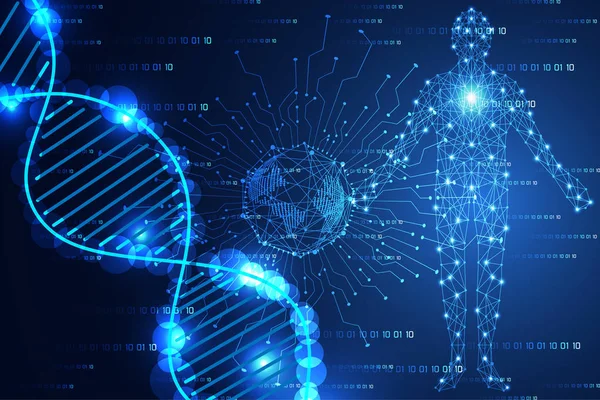 teknoloji bilim kavramı modern dünyanın mavi ışık ve Dna insan dijital üzerinde Merhaba tech ikili arka plan soyut