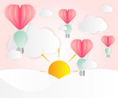 Aşk kartı soyut fikir ampulleri kalp pembe kağıt örtüşme stil balon kırmızı havada yüzen: beyaz bulut, güneş ve gökkuşağı kağıt cut.thinking fikir iş ya da var bir fikir seviyorum. Vektör