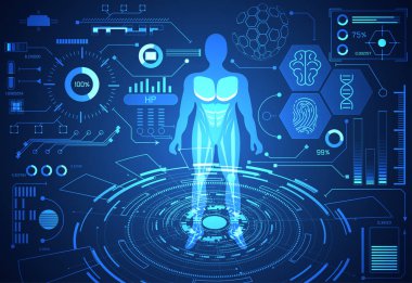 soyut teknoloji bilim kavramı insan veri sağlık dijital: hud arabirim öğeleri tıp analiz parmak izi, beyin, Dna ve yüzde canlılık yenilik üzerinde Merhaba tech gelecekteki tasarım arka plan 