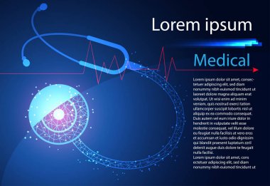 Soyut sağlık bilim oluşur stetoskop dijital teknoloji kavramı modern tıbbi teknoloji, tedavi, ilaç üzerinde Merhaba tech gelecekteki mavi arka plan. Şablon, web tasarımı veya sunum için.