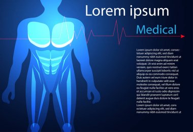 Soyut sağlık tıp biliminin oluşur insan vücudu dijital teknoloji kavramı modern tıbbi teknoloji, tedavi, ilaç üzerinde Merhaba tech gelecekteki mavi arka plan. Şablon, web tasarımı veya sunum için.