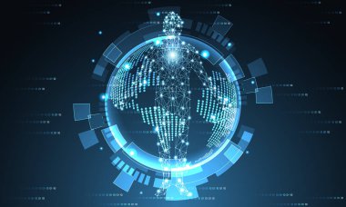 Soyut teknoloji fütüristik dünya ve gelecekteki dünya insan dijital kavramı koyu mavi ikili arka plan üzerinde yüksek teknoloji dijital modern. Vektör çizim tasarım 