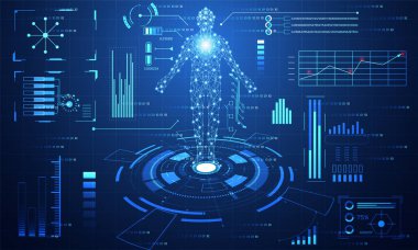 Dijital veri grafiği, iletişim, bilgisayar, insan vücudu dijital sağlık teknoloji UI fütüristik konsept hud arabirimi hologram öğeleri soyut; Sağlık gelecekteki tasarım üzerinde teknik arka plan Merhaba.