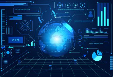 teknoloji UI fütüristik konsept hud dünya arabirimi hologram öğeleri dijital veri grafiği, iletişim, bilgi işlem ve yüzde canlılık yenilik üzerinde Merhaba tech gelecekteki tasarım arka plan soyut