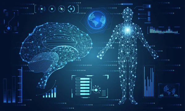 teknoloji UI fütüristik konsept beyin ve insan vücudu hud arabirimi hologram öğeleri dijital veri grafiği, iletişim, bilgi işlem ve sağlık yenilik üzerinde Merhaba tech gelecekteki tasarım arka plan soyut