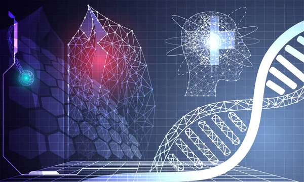 soyut teknoloji bilim kavramı tıbbi veri sağlık dijital: Tıp analiz insan, Doktor, Dna ve gelecekteki altıgen yenilik unsurları üzerinde Merhaba tech gelecek tasarım arka plan