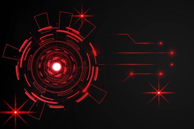 Kırmızı daire teknolojik altyapı üzerinde Merhaba tech gelecekteki koyu arka plan soyut. Şablon, web tasarımı veya sunum için. 
