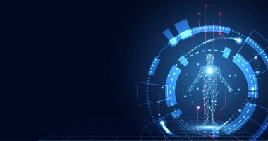 soyut teknoloji fütüristik konsept dijital insan vücudu dijital sağlık hizmetleri gelecek tasarımı yüksek teknoloji arka planında.