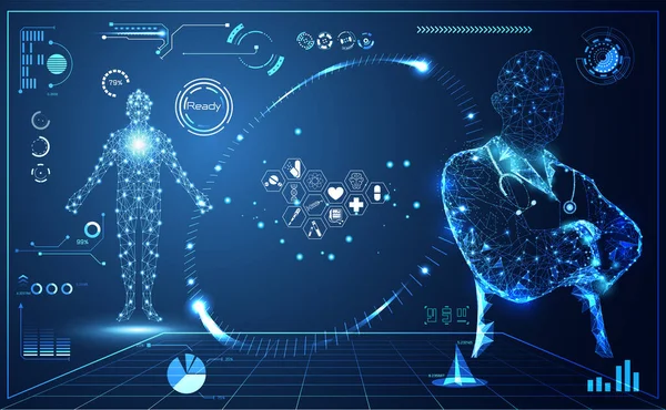 Soyut sağlık tıbbi bilim doktor dijital futuristik sanal hologram tedavi oluşur, tıp ve iletişim sistemi bağlantı bağlantı üzerinde Merhaba tech mavi arka plan. Vektör 