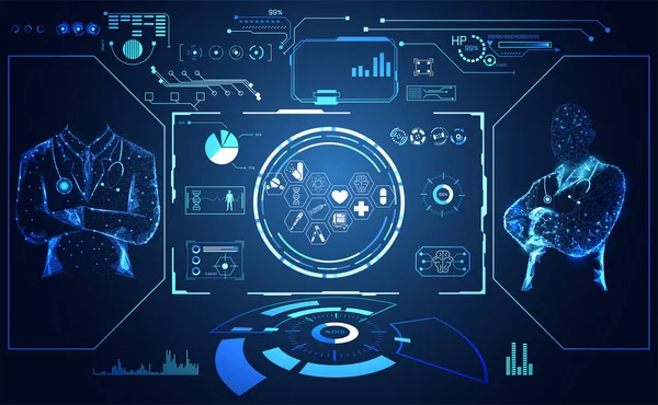 Soyut sağlık tıbbi bilim doktor dijital futuristik sanal hologram tedavi oluşur, tıp ve iletişim sistemi bağlantı bağlantı üzerinde Merhaba tech mavi arka plan. Vektör 