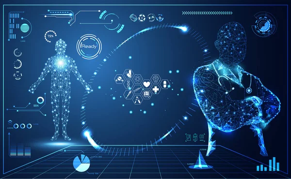 Soyut sağlık tıbbi bilim doktor dijital futuristik sanal hologram tedavi oluşur, tıp ve iletişim sistemi bağlantı bağlantı üzerinde Merhaba tech mavi arka plan. Vektör 