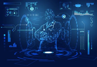 Soyut sağlık tıbbi bilim doktor dijital futuristik sanal hologram tedavi oluşur, tıp ve iletişim sistemi bağlantı bağlantı üzerinde Merhaba tech mavi arka plan. Vektör 