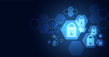Soyut teknoloji altıgen dijital siber güvenlik gizlilik bilgi ağı konsepti asma kilit koruma dijital ağ internet bağlantısı yüksek teknoloji mavi arkaplan