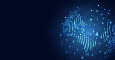 Soyut teknoloji dünyası siber güvenlik gizlilik simgesi bilgi ağı konsepti asma kilit koruma dijital ağ internet bağlantısı yüksek teknolojinin mavi geleceği arka planı