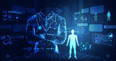 teknoloji UI fütüristik insan tıbbi hud arabirimi hologram öğeleri dijital veri grafiği, Dna, parmak izi, beyin daire canlılık yenilik üzerinde Merhaba tech gelecekteki tasarım arka plan bilgisayar soyut