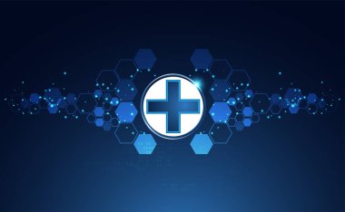 Soyut sağlık bilimi sağlık ve dijital teknoloji kavramlarından oluşur. Modern tıp teknolojisi, tedavi, yüksek teknoloji mavi arka plan..