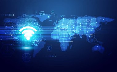 Kablosuz kablosuz sembol soyut veri transferi büyük veri fütüristik teknoloji arka planı. Harita dijital dünya internet ağında simge iş bağlantısı ve iletişimiyle.