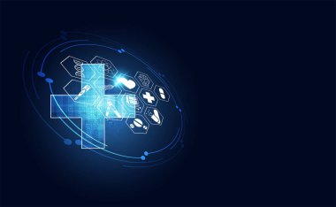 Sağlık Tıp biliminin sağlık simge dijital teknoloji bilim kavramı modern yenilik, tedavi, ilaç üzerinde Merhaba tech gelecekteki mavi arka plan soyut. duvar kağıdı, şablon, web tasarımı için