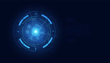Soyut teknoloji siber güvenlik çemberi gizlilik bilgi ağı konsepti asma kilit koruma dijital ağ bağlantısı yüksek teknoloji mavi gelecek arka planı
