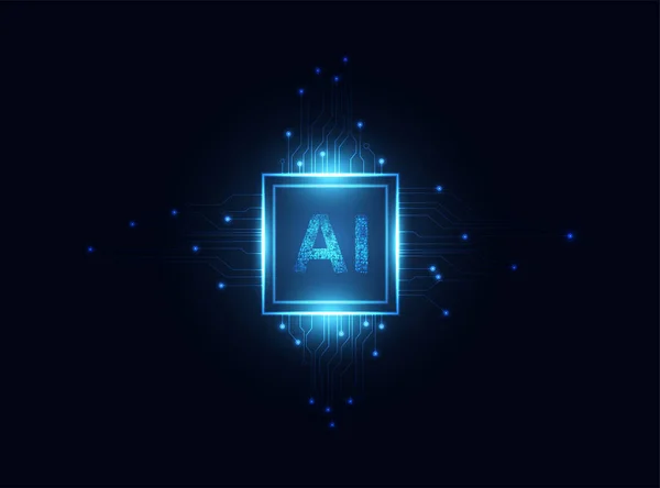 深蓝色背景下人工智能和未来派数字电路板概念工作数据中的Ai计算芯片组技术 — 图库矢量图片