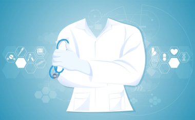 Soyut doktor hastane önlüğü laboratuvar önlüğü giyip, mavi arka planda steteskop konsepti, sağlık ve tıbbi malzemeler bulunduruyor..