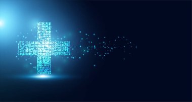 Soyut sağlık bilim oluşur sağlık plus dijital teknoloji kavramı modern tıbbi teknoloji, tedavi, ilaç üzerinde Merhaba tech gelecekteki mavi arka plan. Şablon, web tasarımı veya sunum için.