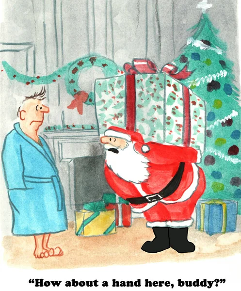 Papá Noel con regalo pesado — Foto de Stock