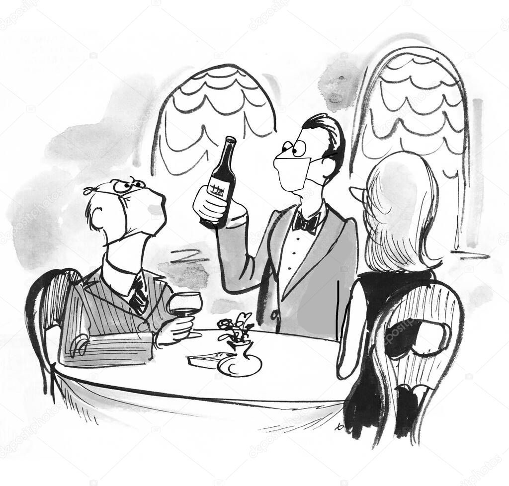A cartoon depicting an elitist, older man bothered that his face mask is intefering with his drinking of a fine wine.