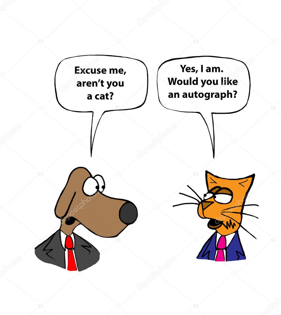 A color cartoon of a dog making a disparaging remark to a cat and the cat responding in a disarming manner.