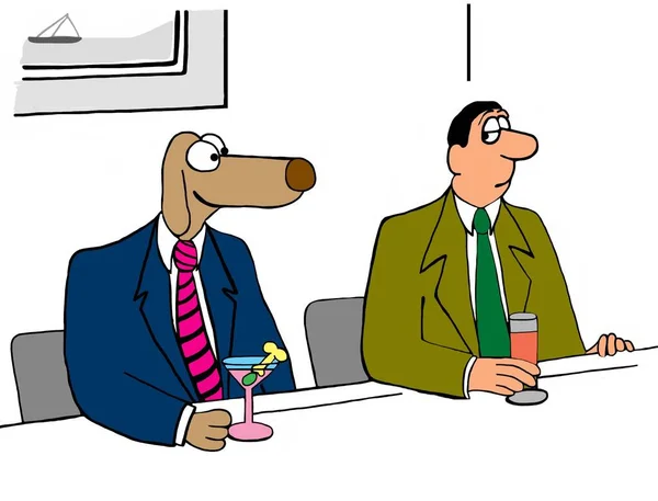 Color cartoon showing a businessman dog sitting happily with a martini while his neighbor looks on skeptically.