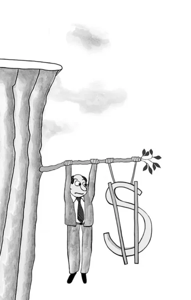 Cartoon showing a business man and a dollar sign barely hanging on to a tree limb.