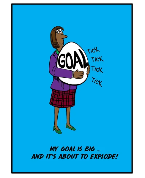 Color cartoon of African-American woman holding an egg that reads GOAL, she has a big goal and it is about to explode.