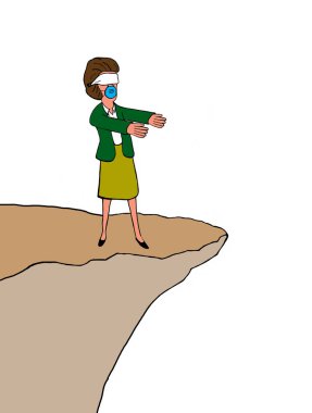 Gözü bağlı profesyonel bir iş kadınını gösteren renkli bir çizgi film. Kolları açık, uçurumun kenarında olduğunun farkında değil..