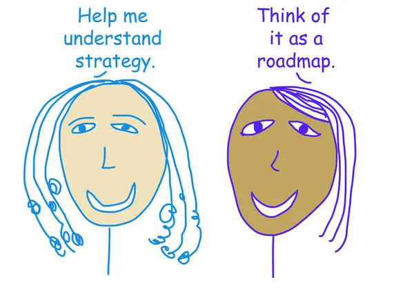 Barva Karikatura Zobrazující Dvě Etnicky Různorodé Ženy Definující Strategii Jako — Stock fotografie