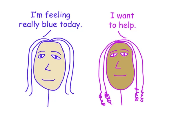 彩色卡通片显示了两个不同种族的女人在说话 一个情绪低落 另一个想帮忙 — 图库照片