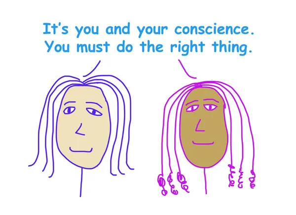 2人の民族的に多様な女性の色の漫画それはあなたの良心であり あなたは正しいことをしなければならないと言う — ストック写真