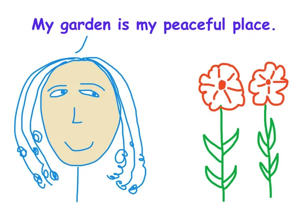 Färg Tecknad Leende Kvinna Och Blommor Säger Hon Hennes Trädgård — Stockfoto