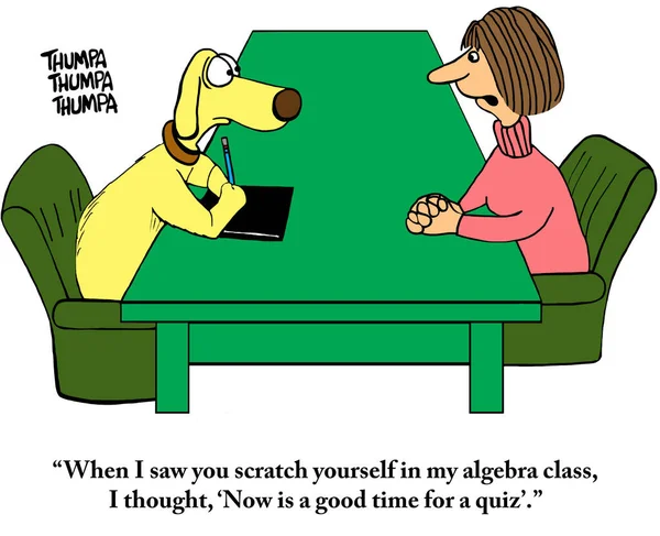 Algebra teacher tells worries student who is a dog that she is about to give him a quiz.