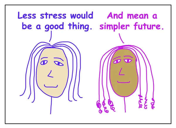 两名来自不同族裔的女性制作的彩色卡通片说 少一点压力是好事 也意味着一个更简单的未来 — 图库照片
