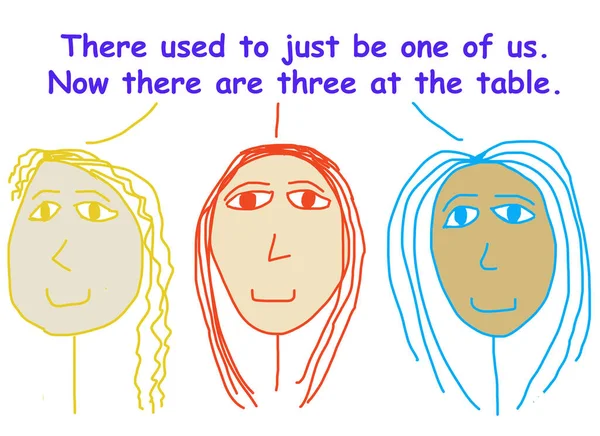 Color cartoon of three ethnically diverse, smiling business women saying that there used to just be one woman at the business table, now there are three.